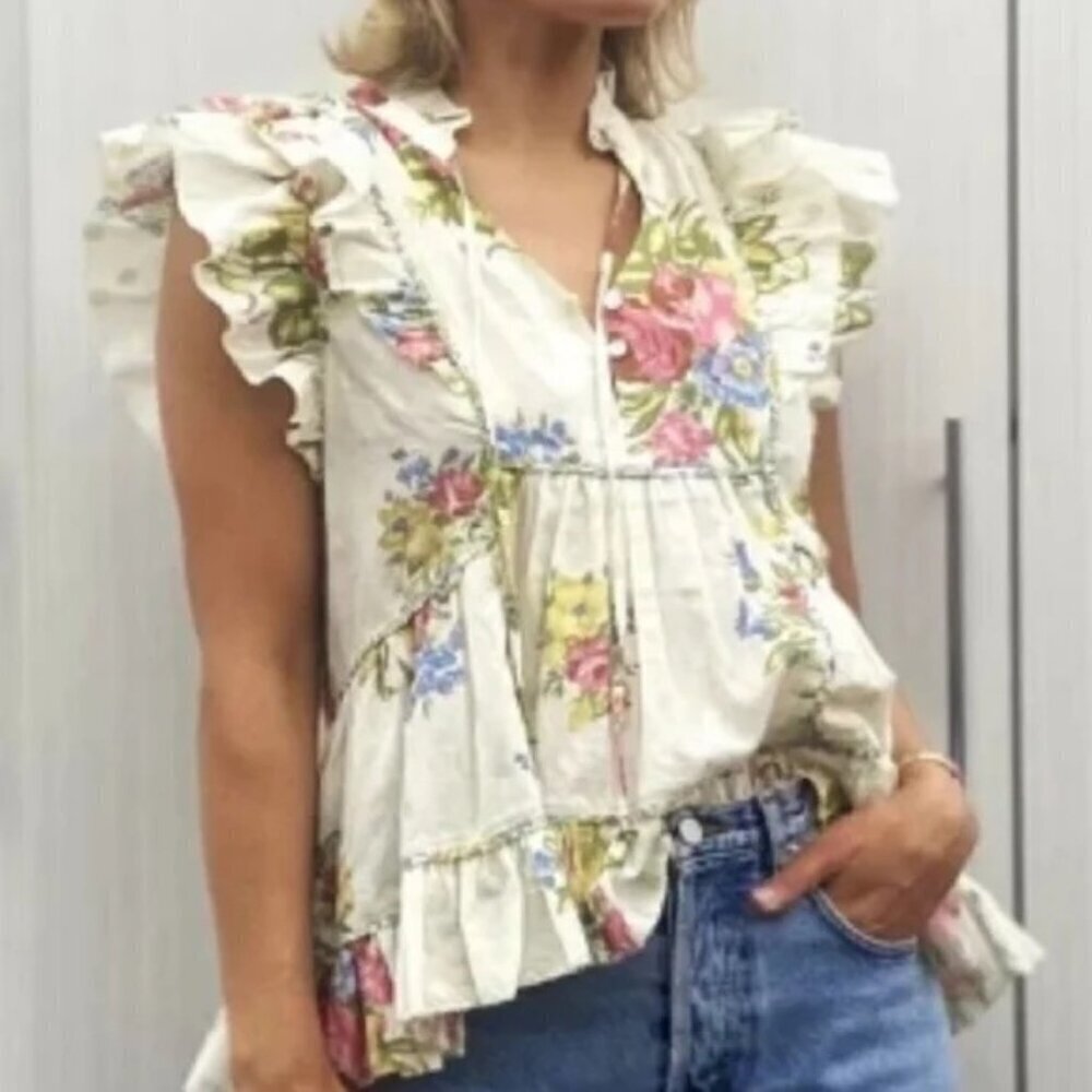 Anthropologie Love the Label Helena Tie Neck Ruffle Metallic Dot Top